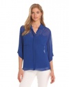DKNYC Women's Easy Three-Quarter Sleeve Button Thru Blouse, Blueprint, Medium