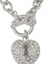 Gorgeous Silver Tone with White Gold Plating Puff Pave Heart Necklace with Crystal Key Front Toggle Clasp