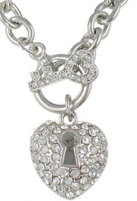 Gorgeous Silver Tone with White Gold Plating Puff Pave Heart Necklace with Crystal Key Front Toggle Clasp