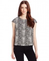 Vince Camuto Women's Leopard Cap Sleeve Boxy Top, Rich Black, X-Small