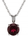 Sterling Silver 8mm Round Garnet Pendant Necklace with Light Rope Chain Necklace, 18