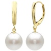 14k Yellow Gold 9-10mm White Perfect Round Cultured Freshwater Pearl High Luster, Leverback Earring.