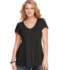 Soprano gives the plus size tee a sweet makeover, featuring flutter sleeves, beading and lace. Soprano gives the plus size tee a sweet makeover, featuring flutter sleeves, beading and lace.