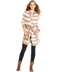Cozy and cute -- what more do you need in a fall layer? This long sweater from American Rag features neutral stripes and a belted waist for the perfect, nipped-in fit. Cozy and cute -- what more do you need in a fall layer? This long sweater from American Rag features neutral stripes and a belted waist for the perfect, nipped-in fit.