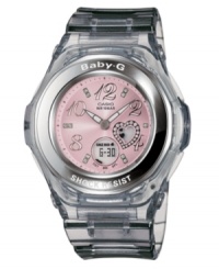 This Baby-G watch features multifunctionality with the prettiest face. Gray resin strap and round case. Pink analog-digital dial with crystal accents, numerals at indices, shock resistance, LED light with afterglow, world time, four daily alarms, one snooze alarm, countdown timer, hourly time signal, auto calendar and 12/24-hour formats. Quartz movement. Water resistant to 100 meters. One-year warranty. This Baby-G watch features multifunctionality with the prettiest face. Gray resin strap and round case. Pink analog-digital dial with crystal accents, numerals at indices, shock resistance, LED light with afterglow, world time, four daily alarms, one snooze alarm, countdown timer, hourly time signal, auto calendar and 12/24-hour formats. Quartz movement. Water resistant to 100 meters. One-year warranty.