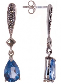 Sterling Silver Pear Shaped Blue Topaz CZ Marcasite Drop Earring