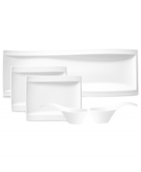 Explore new shapes for your table with the innovative New Wave antipasti set. Unique serving dishes, from appetizer plates to dip bowls, in premium Villeroy & Boch porcelain work together to create one ultra-modern and imaginative presentation. Explore new shapes for your table with the innovative New Wave antipasti set. Unique serving dishes, from appetizer plates to dip bowls, in premium Villeroy & Boch porcelain work together to create one ultra-modern and imaginative presentation.