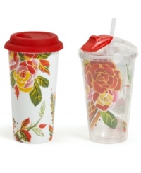 Enjoy the vibrant Rose Print dinnerware pattern on the go with coordinating travel mugs – one for hot drinks, one for cold, both decidedly stylish. Enjoy the vibrant Rose Print dinnerware pattern on the go with coordinating travel mugs – one for hot drinks, one for cold, both decidedly stylish.