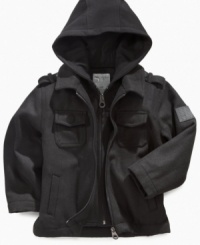 Lock down a warm style for winter. This Calvin Klein hooded coat, with snap-button pockets, will fight the chill in a cool fashion. Lock down a warm style for winter. This Calvin Klein hooded coat, with snap-button pockets, will fight the chill in a cool fashion.
