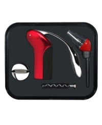 One-stop shopping for wine lovers, this Metrokane barware set features a cherry-red Rabbit corkscrew and aerating pourer for fuss-free, just-about-instant gratification. Pourer fits in the mouth of any bottle so you can boost taste and aroma one glass at a time. One-stop shopping for wine lovers, this Metrokane barware set features a cherry-red Rabbit corkscrew and aerating pourer for fuss-free, just-about-instant gratification. Pourer fits in the mouth of any bottle so you can boost taste and aroma one glass at a time.