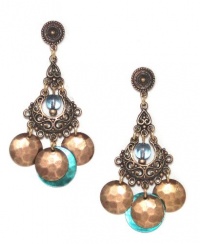 John Michael Richardson Gold Plated Hammered Disk and Aqua Blue Czech Crystal Bead Chandelier Post Earrings