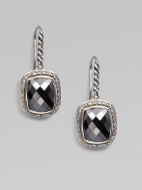 From the Noblesse Collection. A beautifully, faceted hematite stone surrounded by dazzling diamonds in sterling silver on a cable accented hook back. HematiteDiamonds, .42 tcwSterling silverDrop, about ½Hook backImported From the Noblesse Collection. A beautifully, faceted hematite stone surrounded by dazzling diamonds in sterling silver on a cable accented hook back. HematiteDiamonds, .42 tcwSterling silverDrop, about ½Hook backImported