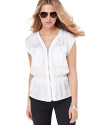 Exposed zipper trim adds edge to this petite MICHAEL Michael Kors top for an on-trend spring look! Exposed zipper trim adds edge to this petite MICHAEL Michael Kors top for an on-trend spring look!