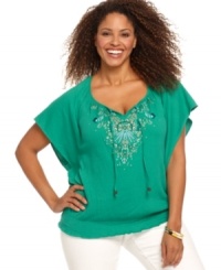 Capture a bohemian look this season with Style&co.'s plus size peasant top, featuring charming embroidery. Capture a bohemian look this season with Style&co.'s plus size peasant top, featuring charming embroidery.