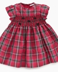 Traditional in style is this lovely taffeta plaid dress by First Impressions adorned with tiny bows at the waist. Traditional in style is this lovely taffeta plaid dress by First Impressions adorned with tiny bows at the waist.