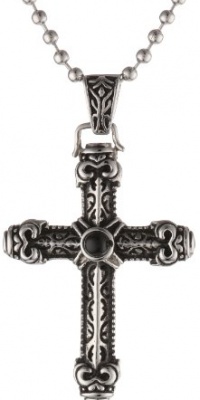 Men's Stainless Steel Black Agate Cross Pendant Necklace, 22