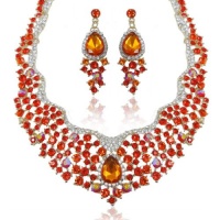Gold-Tone Flower Teardrop Necklace Earrings Set with Orange Swarovski Elements Crystal Gold-Tone Flower Teardrop Necklace Earrings Set with Orange Swarovski Elements Crystal
