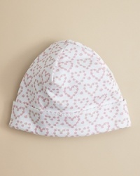 Crafted in ultrasoft pima cotton this cute cuffed hat from Kissy Kissy looks lovely with allover heart prints. Crafted in ultrasoft pima cotton this cute cuffed hat from Kissy Kissy looks lovely with allover heart prints.