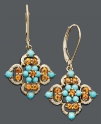 Complement your sultry summer wardrobe with the perfect pair of earrings. Boldly colored turquoise stones (3/4 ct. t.w.) and round-cut citrine (1/2 ct. t.w.) combine in a rich 14k gold setting. Approximate drop: 5/8 inch. Complement your sultry summer wardrobe with the perfect pair of earrings. Boldly colored turquoise stones (3/4 ct. t.w.) and round-cut citrine (1/2 ct. t.w.) combine in a rich 14k gold setting. Approximate drop: 5/8 inch.
