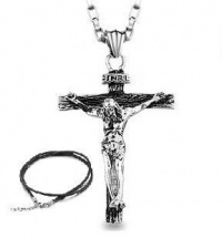Forfamily Stainless Steel Jesus Christ Crucifix Cross Mens Pendant Necklace 20'' Chain+Black Cord+Gift Box Forfamily Stainless Steel Jesus Christ Crucifix Cross Mens Pendant Necklace 20'' Chain+Black Cord+Gift Box