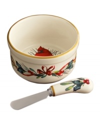 Perfect for butter or jam, the Winter Greetings dip bowl and spreader combine everything that's most beautiful about the season in fine ivory porcelain. Perfect for butter or jam, the Winter Greetings dip bowl and spreader combine everything that's most beautiful about the season in fine ivory porcelain.