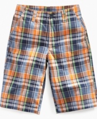 Playful in plaid. Get him ready for the day in these stylish and comfortable flat-front shorts from Nautica. Playful in plaid. Get him ready for the day in these stylish and comfortable flat-front shorts from Nautica.
