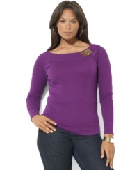 RALPH LAUREN PLUS SIZE TOP, LONG-SLEEVE BRONTE PURPLE SIZE 3X