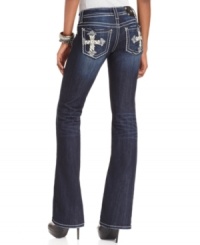 Rhinestone and embroidered crosses add eye-catching appeal to these Miss Me bootcut jeans -- perfect for daytime glam! Rhinestone and embroidered crosses add eye-catching appeal to these Miss Me bootcut jeans -- perfect for daytime glam!
