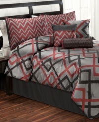 Modern stripes zig and zag in bold colors for a contemporary presentation in this jacquard woven Tihany comforter set. Comes complete with coordinating shams and decorative pillows. Modern stripes zig and zag in bold colors for a contemporary presentation in this jacquard woven Tihany comforter set. Comes complete with coordinating shams and decorative pillows.