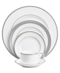 Romance weds modern sensibility in bridal designer Vera Wang's exquisite dinnerware and dishes collaboration with Wedgwood. Echoing the decorative touches that transform a bridal gown, Grosgrain place settings are crafted from pure white bone china adorned with a border of textured platinum ribbon. Romance weds modern sensibility in bridal designer Vera Wang's exquisite dinnerware and dishes collaboration with Wedgwood. Echoing the decorative touches that transform a bridal gown, Grosgrain place settings are crafted from pure white bone china adorned with a border of textured platinum ribbon.