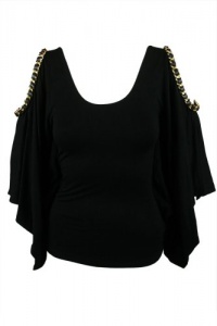 SKY Womens Black Open Shoulder Chain Kimono Flare Sleeve Top S SKY Womens Black Open Shoulder Chain Kimono Flare Sleeve Top S