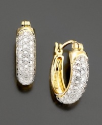 A fresh take on classic hoops. Diamond-accents add the perfect twinkle to 18k gold over sterling silver. A fresh take on classic hoops. Diamond-accents add the perfect twinkle to 18k gold over sterling silver.