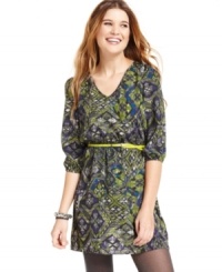 Come and go in BeBop's three-quarter sleeve belted sheath dress. A dynamic print creates style that moves seamlessly from day to thrilling night. Come and go in BeBop's three-quarter sleeve belted sheath dress. A dynamic print creates style that moves seamlessly from day to thrilling night.