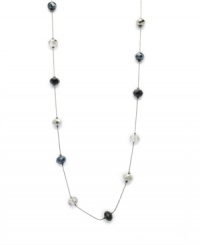 Hematite and jet make a stunning statement on this dramatic long rope necklace from c.A.K.e. by Ali Khan. Its neutral color scheme lets it coordinate with a variety of styles in your wardrobe. Made in mixed metal with glass beads. Approximate length: 60 inches.