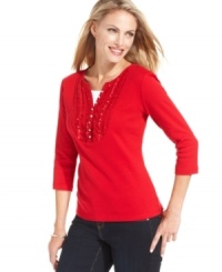 Ruffles and rhinestones give Karen Scott's petite top a glamorous update. Wear it to jazz up your favorite jeans! Ruffles and rhinestones give Karen Scott's petite top a glamorous update. Wear it to jazz up your favorite jeans!