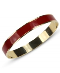 Crimson cool, by Anne Klein. This golden bangle bracelet brings hot color with red enamel. Crafted in gold tone mixed metal. Approximate diameter: 2-1/2 inches. Crimson cool, by Anne Klein. This golden bangle bracelet brings hot color with red enamel. Crafted in gold tone mixed metal. Approximate diameter: 2-1/2 inches.
