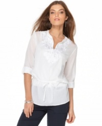 This breezy petite kurta top from Calvin Klein Jeans is a brilliant summer find! A sheer, flowy silhouette allows breathing room on hot days. This breezy petite kurta top from Calvin Klein Jeans is a brilliant summer find! A sheer, flowy silhouette allows breathing room on hot days.