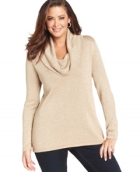 Stay chic in the cold with Jones New York Signature's metallic plus size sweater, finished by a cowl neckline. Stay chic in the cold with Jones New York Signature's metallic plus size sweater, finished by a cowl neckline.