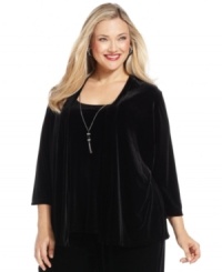 Greet the holiday season in style with Elementz' layered look plus size top, crafted from plush velvet. Greet the holiday season in style with Elementz' layered look plus size top, crafted from plush velvet.