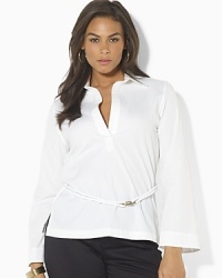 A crisp cotton poplin tunic is accented with a rope belt at the waist for nautical-inspired style. A crisp cotton poplin tunic is accented with a rope belt at the waist for nautical-inspired style.