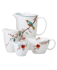 Pour it on in style! This compact, stackable set of serveware and serving dishes puts your entertaining essentials into one easy-to-store pile. Includes one covered sugar bowl, one gravy boat, one small pitcher, and one large pitcher with a lid. Coordinates with the beautiful Chirp dinnerware and dishes collection from Lenox Simply Fine. Pour it on in style! This compact, stackable set of serveware and serving dishes puts your entertaining essentials into one easy-to-store pile. Includes one covered sugar bowl, one gravy boat, one small pitcher, and one large pitcher with a lid. Coordinates with the beautiful Chirp dinnerware and dishes collection from Lenox Simply Fine.