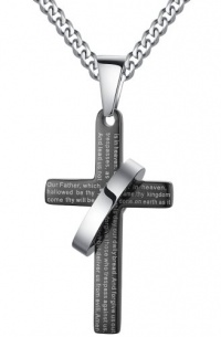 Stainless Steel Men's Cross W. Lord's Prayer in English and Halo Ring Pendant Necklace with Curb Chain (Black and Silver Color) - G2005h3