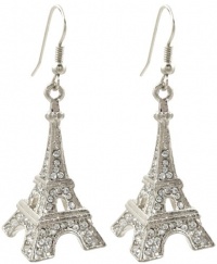 Glamorous Silver Tone Sparkling Crystal 3D Eiffel Tower Paris France Theme Dangle Earrings - Crystals on All 4 Sides!