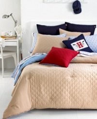 Clean, classic and comfortable! This Khaki Hilfiger Prep comforter boasts traditional Tommy Hilfiger styling with a touch of casual appeal. Allover diamond quilting and signature ribbon elements add extra dimension to your bed. Clean, classic and comfortable! This Khaki Hilfiger Prep comforter boasts traditional Tommy Hilfiger styling with a touch of casual appeal. Allover diamond quilting and signature ribbon elements add extra dimension to your bed.
