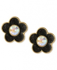 Betsey Johnson BLACK GLITTER & CRYSTAL FLOWER EARRINGS in Goldtone Betsey Johnson BLACK GLITTER & CRYSTAL FLOWER EARRINGS in Goldtone