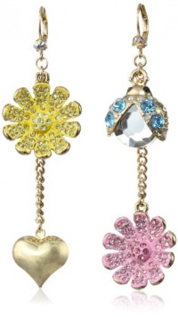 Betsey Johnson Flower Boost Pave Flower and Crystal Bug Mismatch Drop Earrings