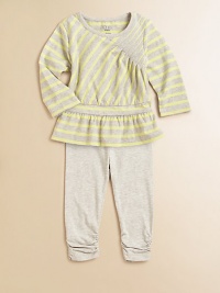 Shoulder pleats and peplum hem add fabulous style to a striped top with matching leggings.CrewneckLong sleevesPullover stylePeplum hem Leggings Elastic waistbandRuched hemCottonMachine washImported Shoulder pleats and peplum hem add fabulous style to a striped top with matching leggings.CrewneckLong sleevesPullover stylePeplum hem Leggings Elastic waistbandRuched hemCottonMachine washImported