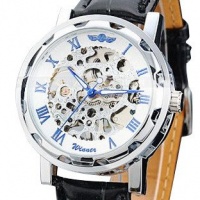 Vantasy Roman Men's Luxury Stainless Steel White Dial Skeleton Analog Hand Wind Mechanical Black Leather Wrist Watch Vantasy Roman Men's Luxury Stainless Steel White Dial Skeleton Analog Hand Wind Mechanical Black Leather Wrist Watch