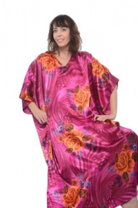 Satin Charmeuse Caftan, Orange Roses Floating on Pink, Plus Size, Up2date Fashion Style#Caf-39 Satin Charmeuse Caftan, Orange Roses Floating on Pink, Plus Size, Up2date Fashion Style#Caf-39