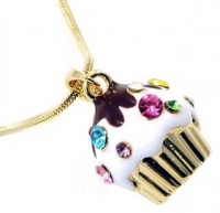 Adorable Juicy Inspired Small Gold Cupcake w/ Frosting and Sparkling Rainbow Crystal Sprinkles Necklace